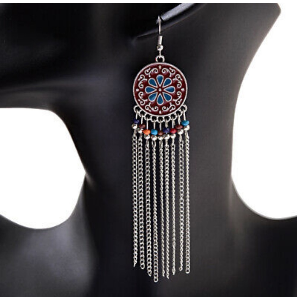 🎁GIFTED🎁 🆕 Red/Blue Boho Drop Long Earrings - Picture 5 of 6